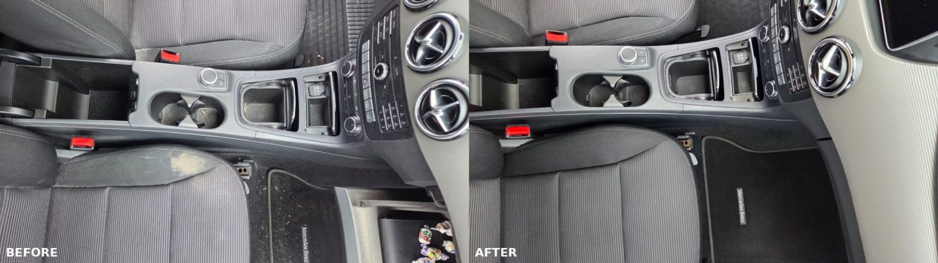 Zwei Ansichten des Mittelkonsolenbereichs eines Fahrzeugs, mit verschiedenen Bedienelementen.